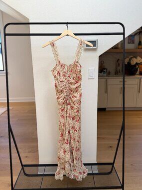 Cinq a Sept Stevie Ruched Lace Trim Maxi Dress Cherry Rose Multi Size 6